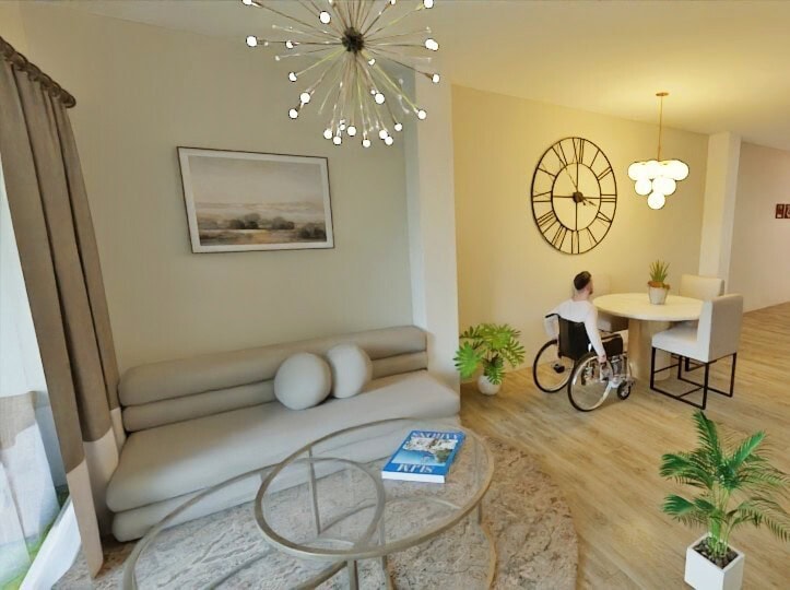 Recreación del interior de la casa donde se ve una persona desplazándose en silla de ruedas