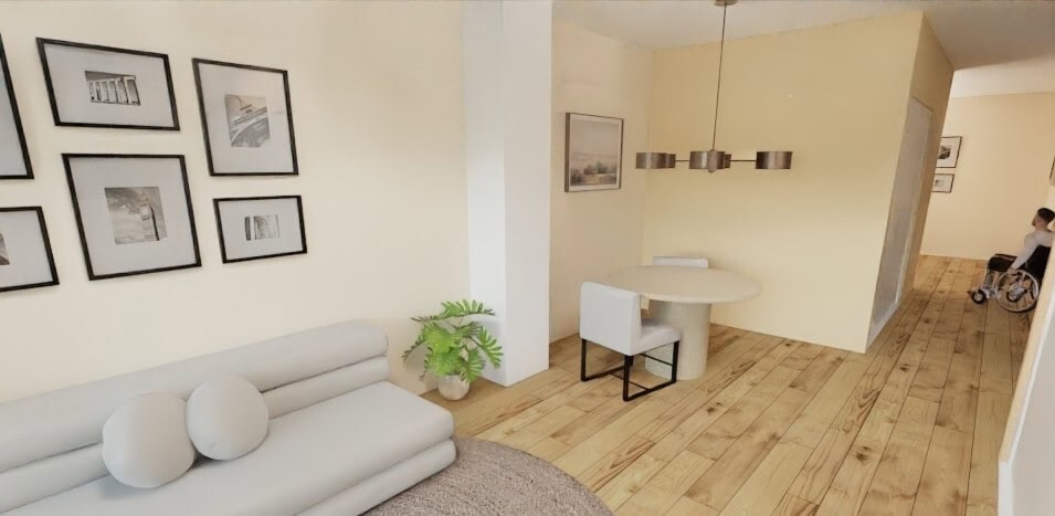 Recreación del interior de la casa donde se ve parte del salón