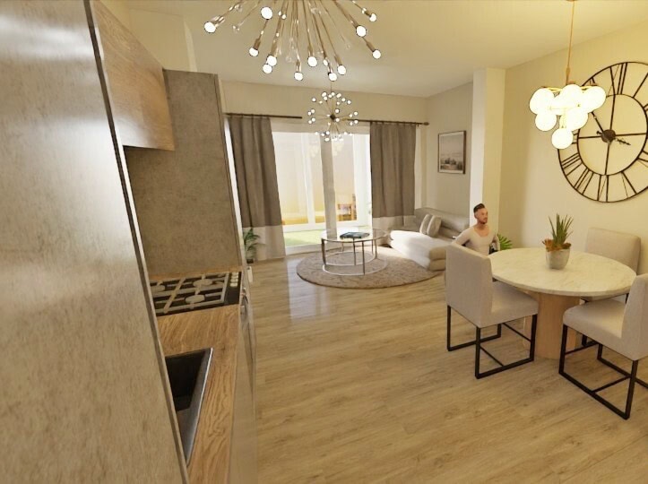 Recreación del interior de la casa donde se ve parte del salón