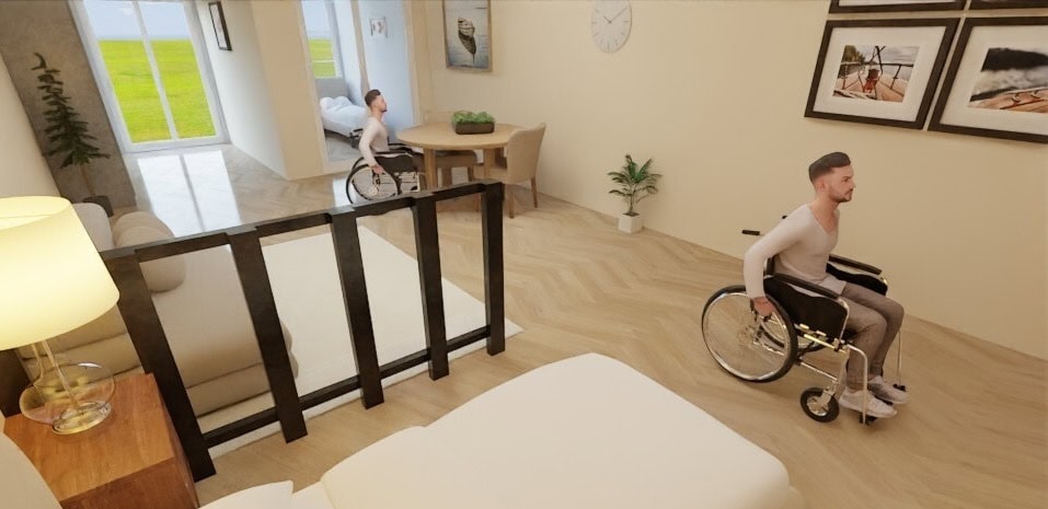 Recreación del interior de la casa donde se ve una persona desplazándose en silla de ruedas