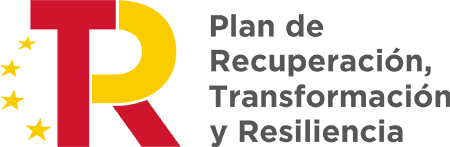 Logotipo del Plan de Recuperación, Transformación y Resiliencia con una "R" estilizada en rojo y amarillo, junto a cinco estrellas amarillas y texto en español en gris.