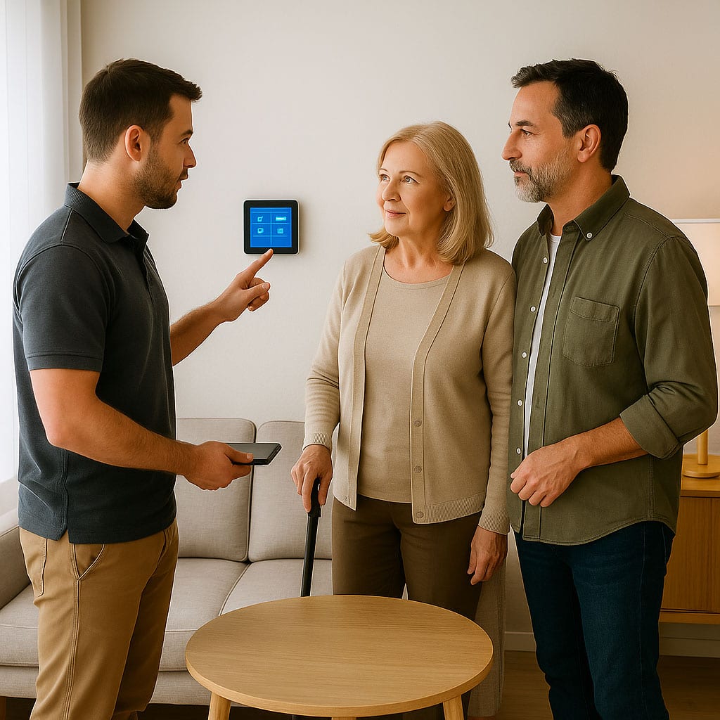 Un hombre muestra un dispositivo doméstico inteligente montado en la pared a una pareja de ancianos en un salón, mostrando cómo las características universales de la vivienda favorecen una vida accesible para todas las edades.