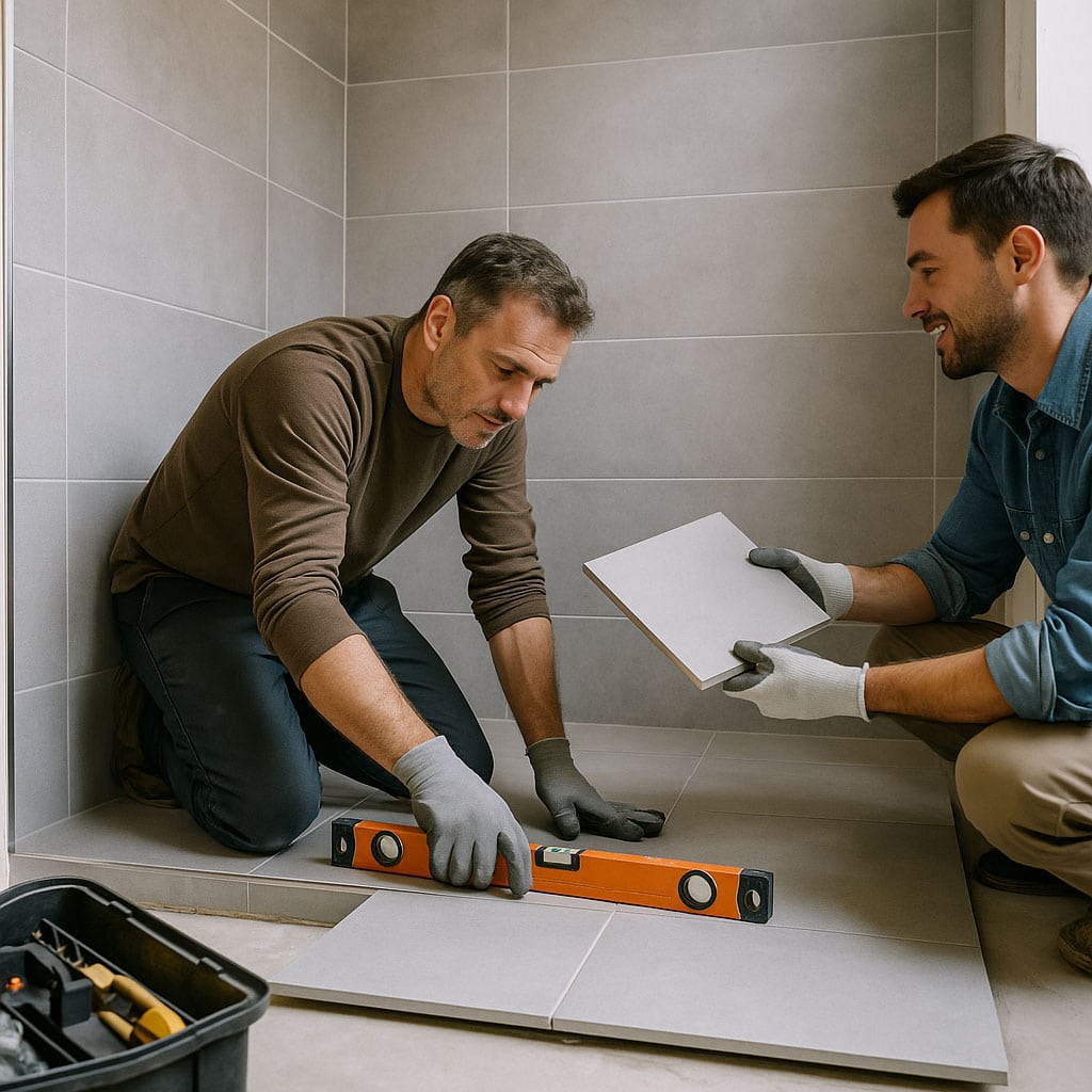 Dos hombres instalan baldosas en un cuarto de baño; uno utiliza un nivel de burbuja para comprobar la alineación mientras el otro sujeta una baldosa; en primer plano se ve una caja de herramientas, muestra de la destreza artesanal para proyectos universales de viviendas.