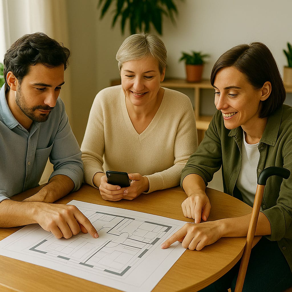 Tres personas se sientan a una mesa, sonríen y señalan un plano en papel que representa la vivienda universal, y una de ellas sostiene un smartphone.
