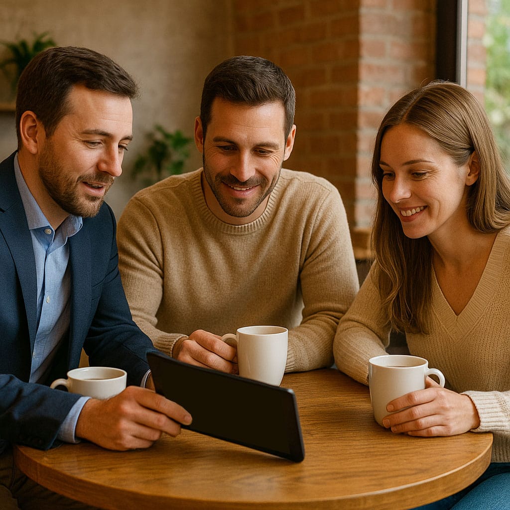 Tres personas sentadas en una mesa redonda, con tazas en la mano y mirando una tableta, parecen enfrascadas en una conversación sobre la vivienda universal en un acogedor ambiente de cafetería.